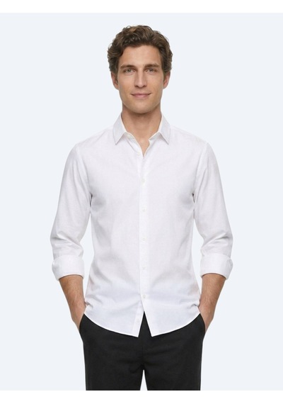 Kip Beyaz Çizgili Regular Fit Uzun Dokuma Casual %100 Pamuk Gömlek