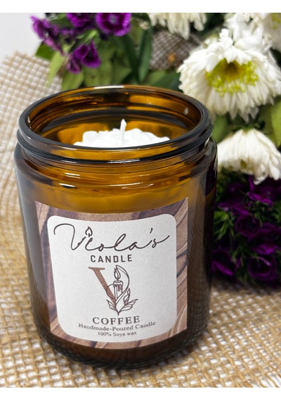 Violas Candle Amber Renk Cam Kavanoz Kahve Kokulu %100 Soya Wax Mum Beyaz