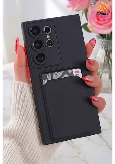 Fibaks Galaxy S23 Ultra Uyumlu Kılıf Kamera Korumalı Kartlıklı Cüzdanlı Siyah Tuşlu Siyah Silikon Kapak