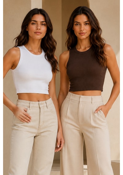 Loule Kadın 2'li Bisiklet Yaka Kolsuz Fitilli Crop Top Kahverengi-beyaz Çok Renkli