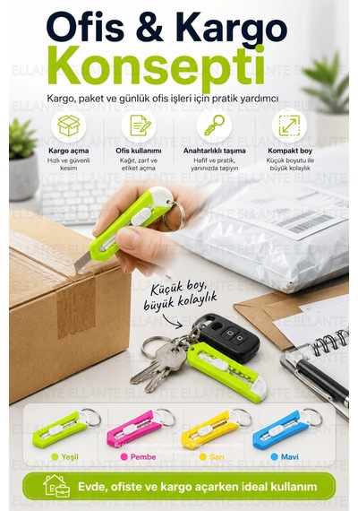 Mini Maket Bıçağı Anahtarlık Çelik Uç Sürgülü Kargo Koli Paket Zarf Açıcı Pratik Kesici Tekli 1 Adet