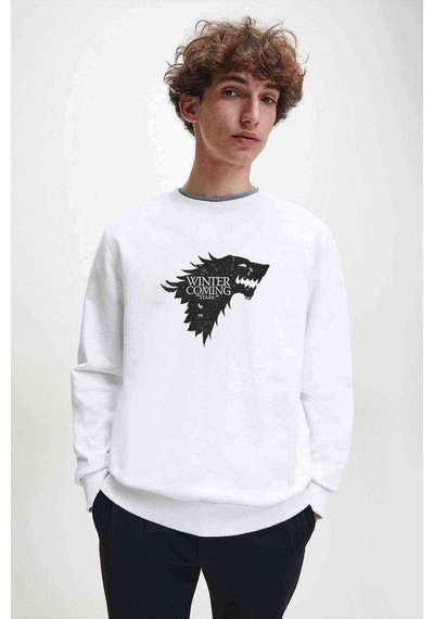 G O T Stark Baskılı Beyaz Erkek Örme Sweatshirt