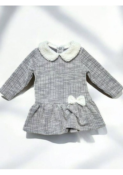 Çikoby Kız Bebek Peluş Detaylı Desenli Elbise-14889 Gri