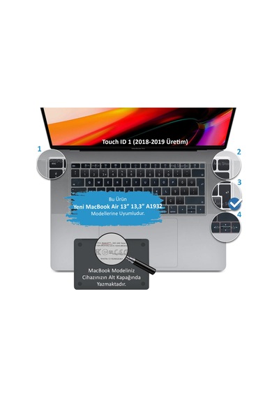 Laptop Apple Uyumlu MacBook Air 13Inc Klavye Koruyucu A1932 2018/2019 Türkçe Siyah