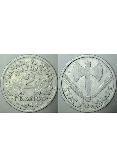 Fransa 2 Frank 1944 B. En Az Çıkan Tarih Ve Harf. Iı. Dünya Savaşı Nazi İşgali.