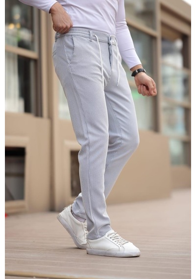 Afri İnce Çizgili Kumaş Beyaz Jogger Pantolon Beyaz