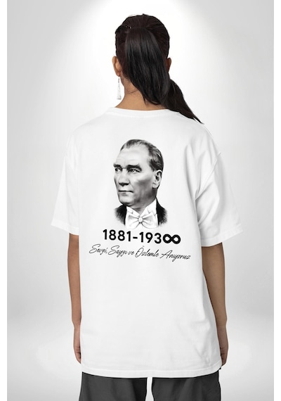 Atatürk 10 Kasım Anma Beyaz Oversize Unisex Ön Ve Sırt Baskılı Tişört Beyaz