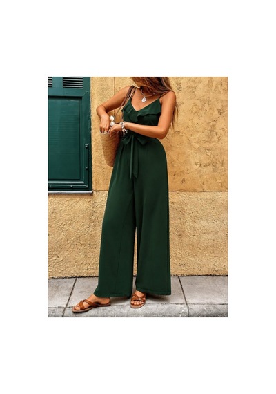 Butik İstanbul Kadın Ip Askılı V Fırfır Yakalı Beli Kuşaklı Uzun Sandy Tulum Yeşil