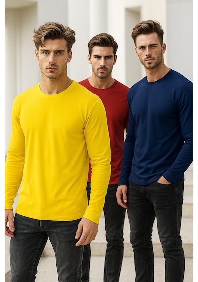 Rich Erkek Sarı-kırmızı-lacivert 3'lü Paket Basic Uzun Kollu Sporcu Body Sarı-kırmızı-lacivert