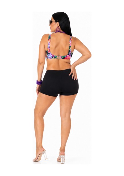Büyük Beden Kalın Askılı Sabit Pedli Kadın Şortlu Bikini Takım Desenli