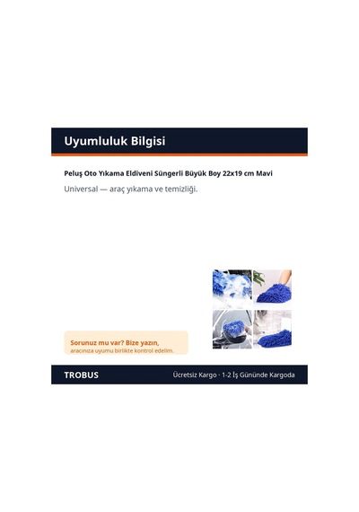 Trobus Peluş Oto Yıkama Eldiveni Süngerli Büyük Boy 22x19 Cm Mavi