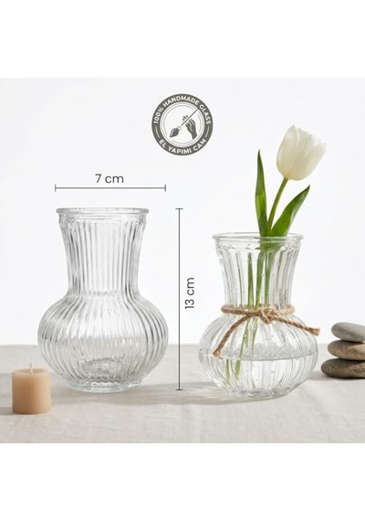 Pure Model El Yapımı Üfleme Cam Küçük Vazo - Şeffaf Optikli Dekoratif Çiçeklik 13x7 Cm