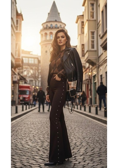 Premium Kalite Yanları Zımba Beli Lastik Detaylı Pantalon Kahverengi