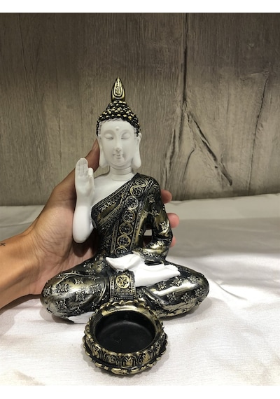 Pirinç Görünümlü Beyaz Buda Tealight Mumluk - Öğretici Duruşlu -