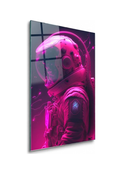 Pembe Neon Kasklı Astronot Çerçevesiz Cam Tablo