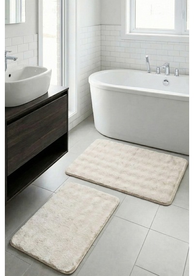 2 Li Peluş Bubble Banyo Paspas Seti 60x100+50x60 Cm Kaymaz Lateks Taban, Yumuşak Yüzey, Yıkanabilir Kırık Beyaz