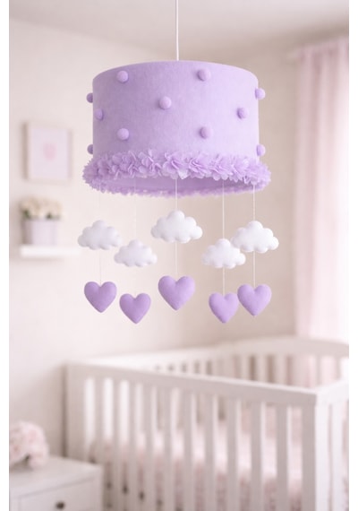 El Yapımı Lila Çiçekli Bulut Kalp Avize Kız Bebek Odası Şık Aydınlatma 30x20 Cm Lila