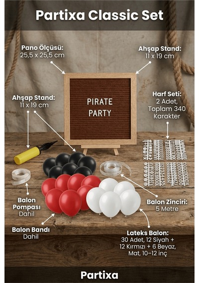 Korsan Temalı Doğum Günü Süsleme Classic Set Kahve Keçe Yazı Panosu Standlı Balon Zincirli Çocuk