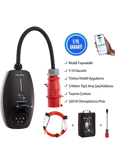 Evwallbox 22kw V3 Türkçe Mobil Uygulama 5 Yıl Garanti, 5 Metre Tip2 Araç Şarj Kablosu, Taşıma Çantası Ve 220v Dönüştürücü Adaptör Dahil 22 Kw