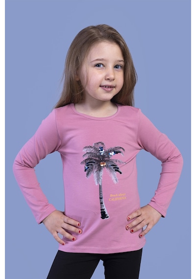 Toontoy Kids Toontoy Kız Çocuk Palmiye Baskılı Pul İşlemeli Tişört Gülkurusu