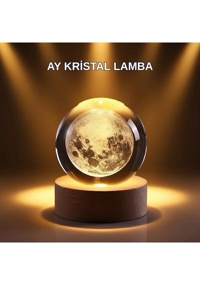 Cosmotex Usb Işıklı Ay Kristal Küre 3d Oyma Tasarım Ahşap Standlı Gece Lambası