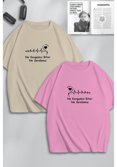 Unisex Kadın Erkek Kavga Ve Sevda Baskılı Sevgili Çift Kombini Tasarım Oversize Tshirt 2'li Pembebej Mck0215 Çok Renkli