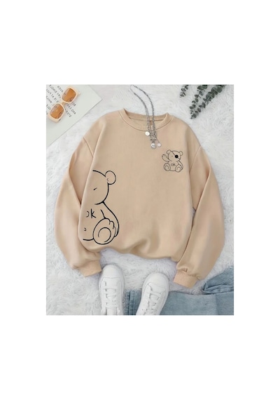 Herkesemoda Ayıcık Desen Detaylı Bisiklet Yaka İçi Polarlı Sweatshirt Bej