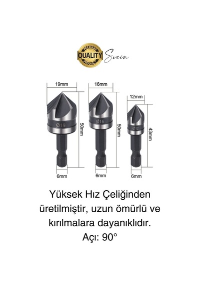 A Kalite 3 Parça Premium Havşa Açma Matkap Ucu Seti Hss Bits Uçlu Paslanmaz Çelik Kalın 12-16-19 Mm