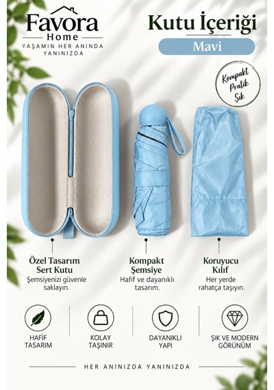 Favora Rainbox Kapsül Şemsiye - Kutulu Mini Katlanır Çanta Boy Şemsiye Buz Mavisi