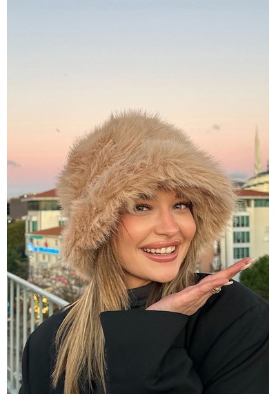 Mollycrush Luxury Kadın Camel Uzun Tüylü Suni Kürklü Peluş Rus Slav Tarzı Bucket Kalpak Şapka Camel
