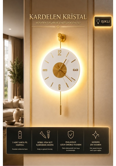 MetaQuartz Aksesuar Kardelen Gold Kristal Seri 30x55cm ,pilli Led ,modern Dekoratif Metal Duvar Saati