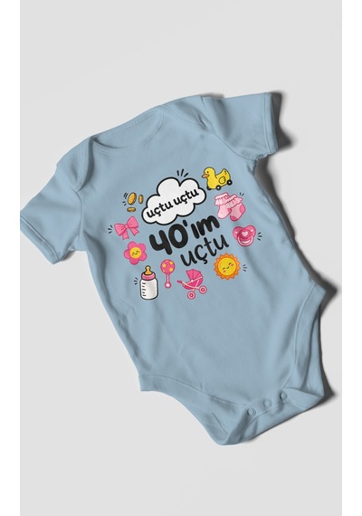 Morivokids Uçtu Uçtu 40'ım Uçtu Kısa Kollu Bebek Body %100 Pamuk Bebe Mavisi