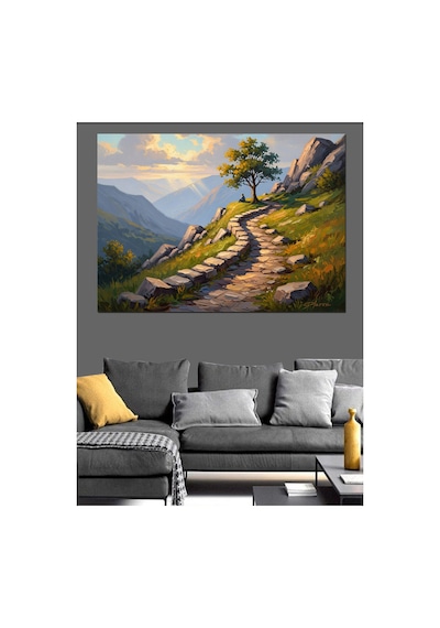Dağ Yolunda Tek Başına Ağaç Yağlı Boya Dokulu Kanvas Tablo Canvas Tablosu