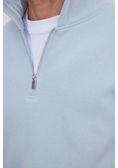 Tudors Unisex Relax Fit Rahat Kesim Pamuklu İçi Polarlı Yarım Fermuarlı Mavi Kapüşonlu Sweatshirt-37029