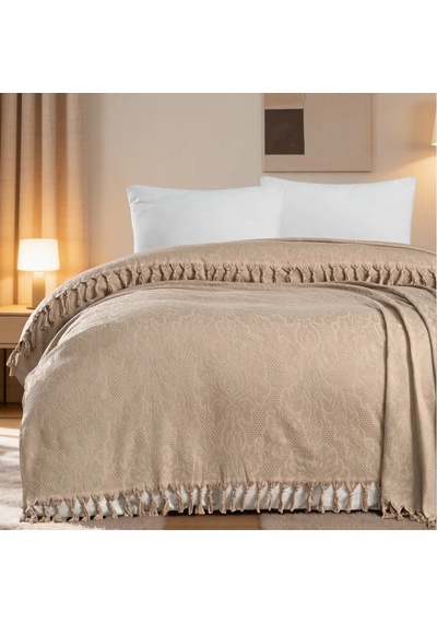 Aryıldız Home 240x260 Cm Bambu Jakarlı Saçaklı Pike - Bej Çok Renkli
