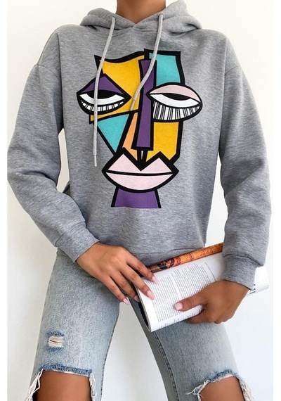 Femelle Kadın Yeni Sezon Karakter Baskılı Kapüşonlu Pamuklu Sweatshirt Gri