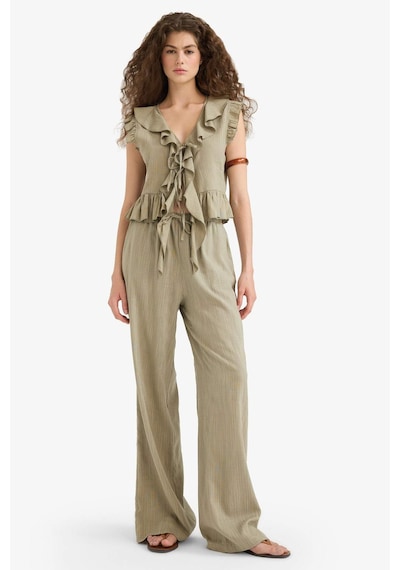 Defacto Wide Leg Çift Cepli Normal Bel Standart Boy Pantolon D1009ax25spkh459 Haki