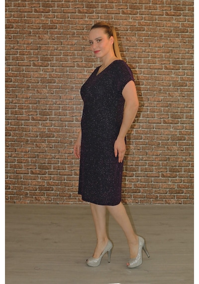 Nidya Moda Büyük Beden Kadın Mürdüm Simli Abiye Elbise-4035RM Mürdüm