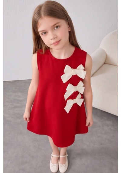 Fesshera Kids Kız Çocuk %100 Pamuk Double Crep Elbise Fiyonk Detaylı Sıfır Kollu Düğme Kapamalı Özel Gün Elbisesi Kırmızı