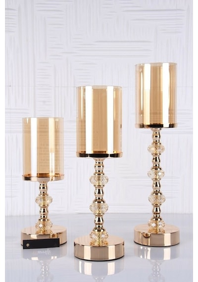 Kristal Taşlı Ayaklı Gold Şamdan Mumluk 3'lü Set -6010