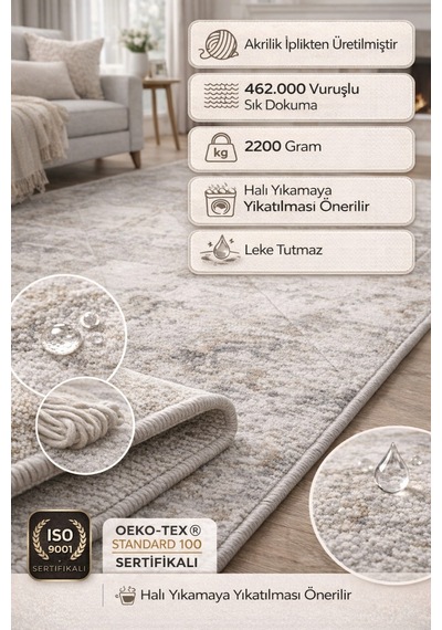 Modern Eskitme Desenli Leke Tutmaz Akrilik Halı 462.000 Sık Dokuma Salon Halısı Çok Renkli