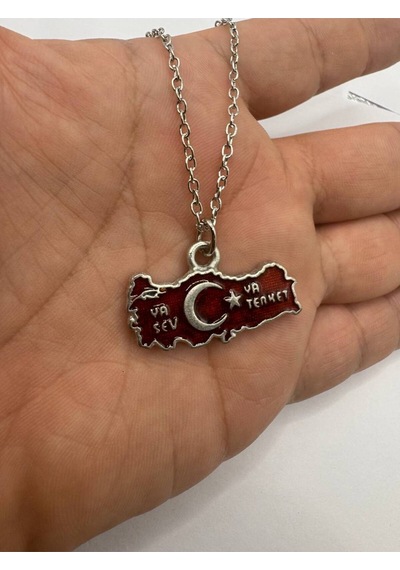 Kırmızı Türkiye Haritası Ve Ya Sev Ya Terk Et Yazılı Metal Kolye Vatansever Mesajlı Tasarım Çok renkli