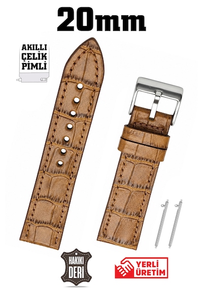 20mm Açık Kahverengi Taba Kroko Spor Hakiki Deri Saat Kordonu Kayış Akıllı Pimli