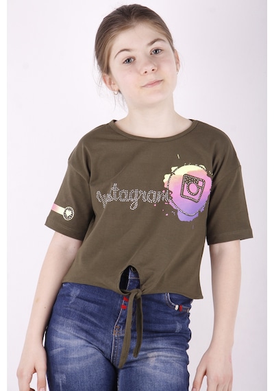 Toontoy Kids Toontoy Kız Çocuk Instagram Baskılı Göbekten Bağlamalı Tişört Haki