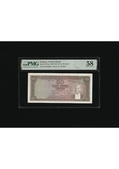 Pmg 58 Elli Türk Lirası 50 Tl 1970 Nd 1971 P 187aa S/n P31 096623 5. Ems 7. T Ça