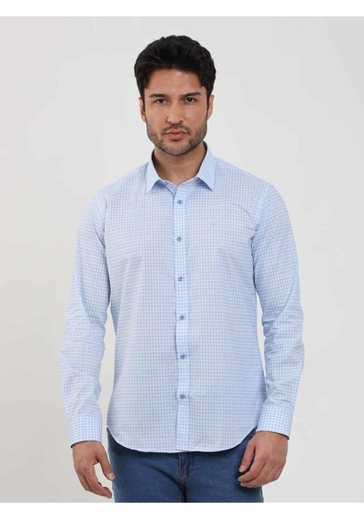 Dufy Mavi Erkek Slim Fit Kareli Brent Yaka Uzun Kol Gömlek - 102384-mavi Mavi