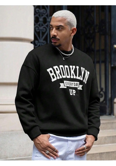 Adrift Coko Serisi Manfinity Sporsity Letter Graphic Drop Shoulder Sweatshirt Siyah