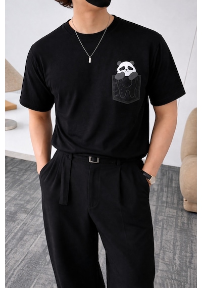 Tarz Cool Panda Baskılı Unisex Basic Tişört Rahat Kesim Günlük Stil Siyah
