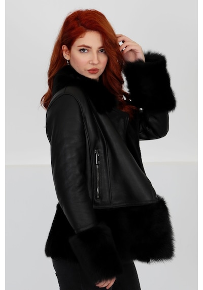 M M Marki Marki Lux Hakiki Deri Mont, Gösterişli Kürk Yaka/bilek/etek, Su Geçirmez - Siyah Elegant Fur - 103422