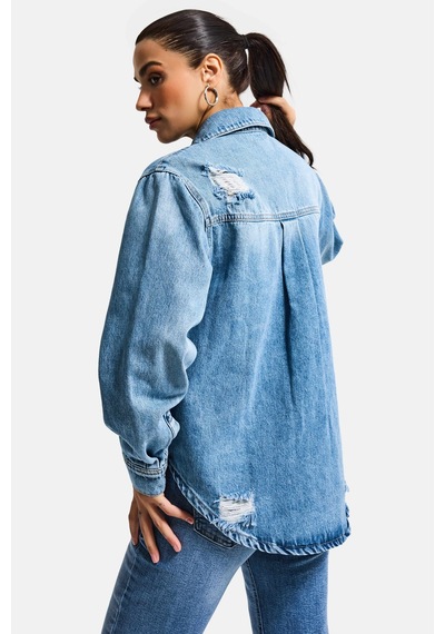 it's basic Kadın Mavi 12s6-4 Yırtık Detaylı Denim Gömlek